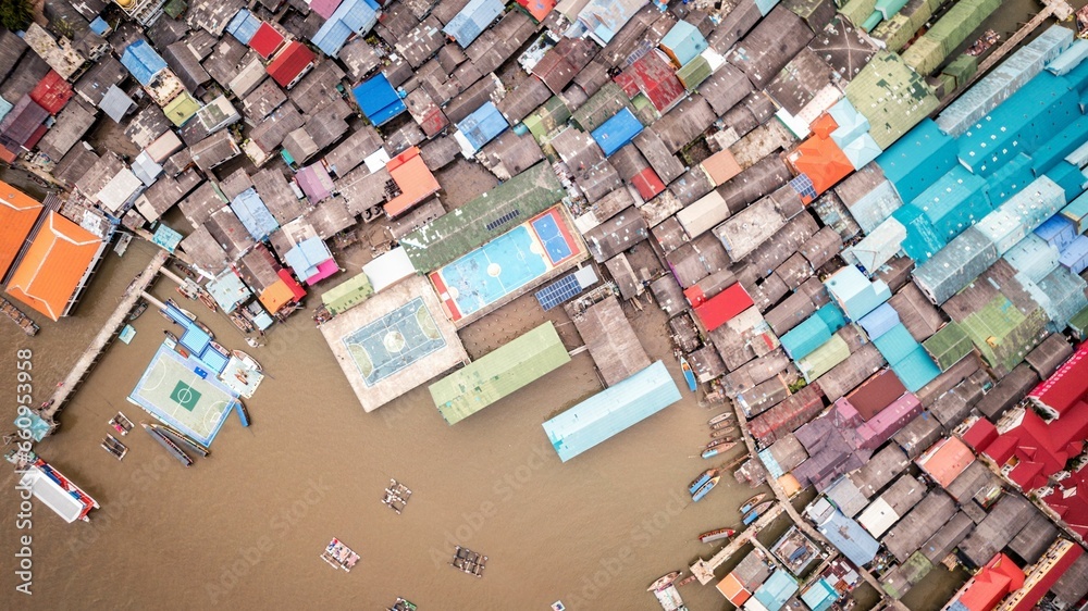 Obraz premium Aerial shot of a fishing village in Phang Nga Province, Thailand.