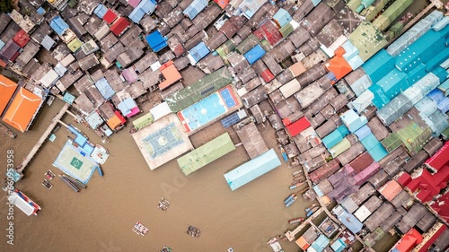 Aerial shot of a fishing village in Phang Nga Province, Thailand.