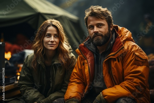 European couple in the mountains against the backdrop of a tent camp, a beautiful couple 35-45 years old in stylish equipment for hiking in the mountains, tourism and vacation concept