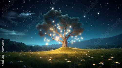 星空と幻想的な光が灯る木の風景