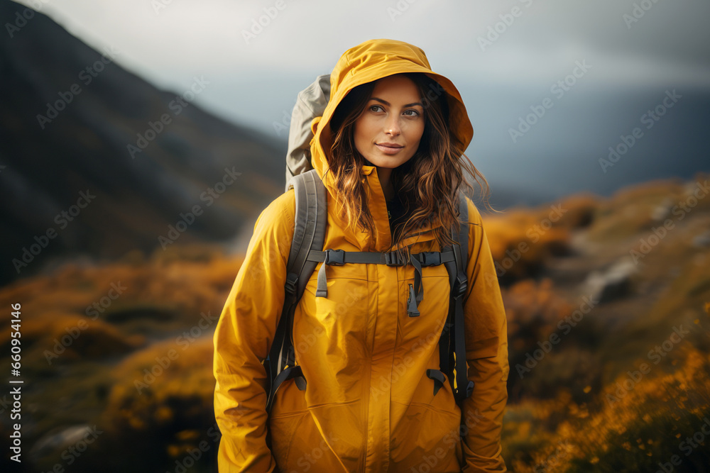Girl in a yellow jacket in the mountains looks at the camera. Climbing the mountains to meet adventures. Tourism and travel
