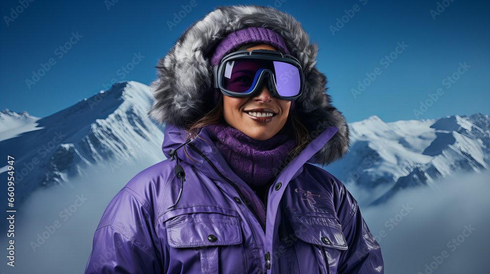 Skier smiling happy cheerful satisfied woman in warm windbreaker jacket ski goggles mask glasses spend extreme weekend in mountains on resort, copy space