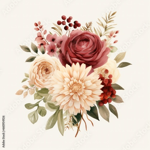 Watercolor floral bouquet isolated on white background.
