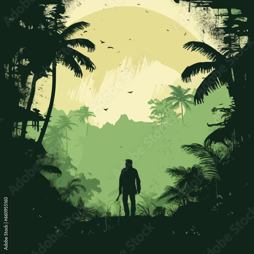 nature rainforest silhouette distressed retro mi. Created using Generative AI Technology