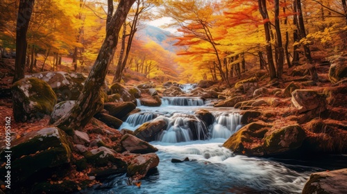 Colorful autumn  waterfall. Autumn colors in beautiful nature. Forest view in fall season
