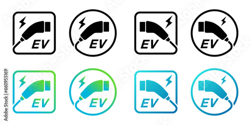 電気自動車の充電プラグ、EV充電コンセント、充電スポットのベクターアイコンセット