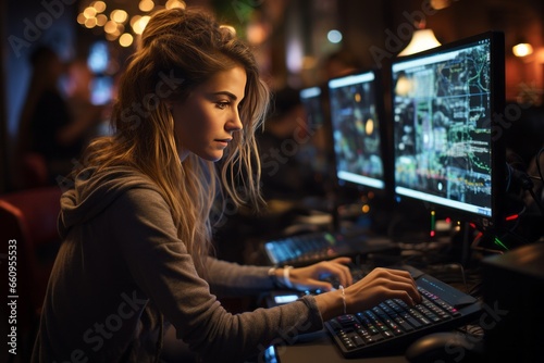 side view photo of lady programmer looking at big monitor, checking id address, working overtime, checking, debugging system, wearing specs, casual shirt, sitting at desk, late at night, office