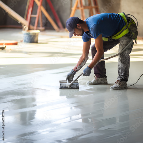 Floor priming process. Worker use primer on concrete floor before laying tiles, strengthening surface, Generative AI