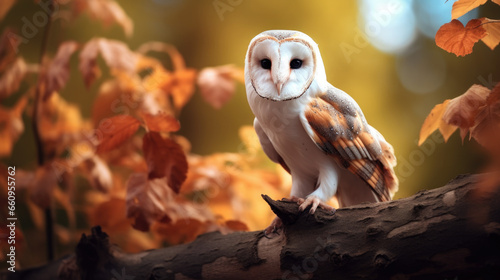 Barn owl sit on stump in autumn forest - Tyto alba photo