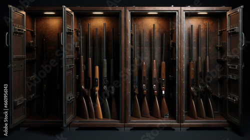 Safe for firearms. The inside of a gun cabinet. Safe storage of rifles, carbines, pistols. Black interior and gun holders. © Ruslan Gilmanshin