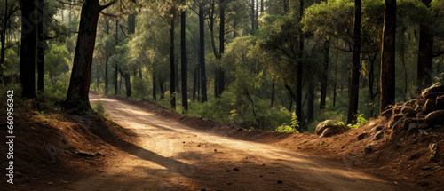 A winding dirt forest road