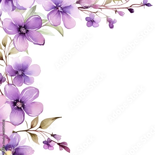 Watercolor floral wreath of purple flowers on a white background  lilac branches and foliage. Botanical illustration of flowers. Wedding decorations for design.