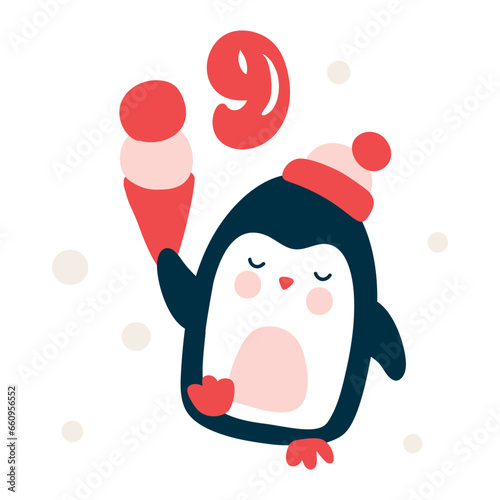 Christmas advent calendar with hand drawn element penguin. Day nine 9. Scandinavian style poster. Cute winter illustration for card, poster, kid room decor, nursery art