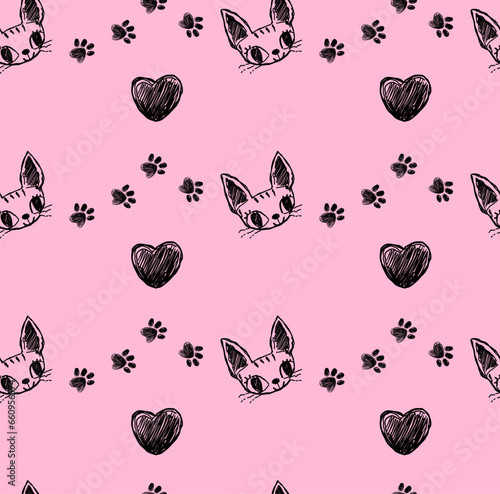 Sketch style illustration sphinx Cat seamless pattern on pink background. Kitten face drawing repeat print for fashion textile or kid clothes. Wrapping paper. Repeated ornament with kitten paw track.