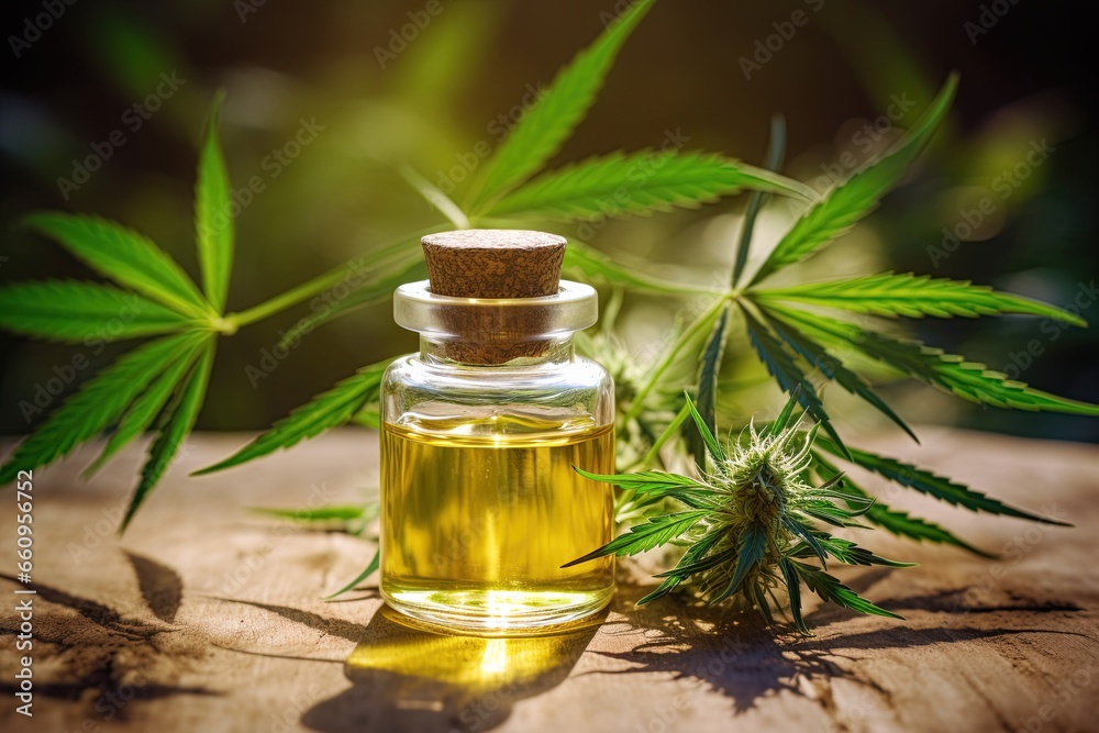 Cannabis oil in a bottle. Medical marijuana health benefits. Generative Ai Cannabis oil in a bottle. Medical marijuana health benefits. Generative Ai