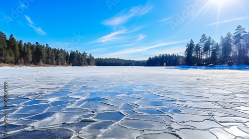 Une photo d'un lac gelé qui commence à fondre en hiver. photo