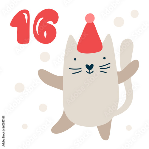 Christmas advent calendar with hand drawn cat. Day sixteen 16. Scandinavian style poster. Cute winter illustration for card, poster, kid room decor, nursery art