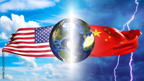USA vs China. American flag and PRC near globe. Confrontation between states. Geopolitical conflict. USA vs China. Confrontation between countries. 3d image planet earth, elements from nasa photo