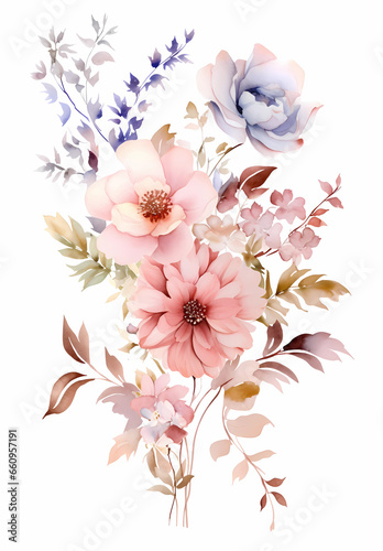 a collection of flowers and leaves on white background © katobonsai