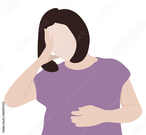 Woman feels dizzy and nauseous while holding her head and stomach. Vector illustration isolated on white background. Suitable for advertising and promotion.