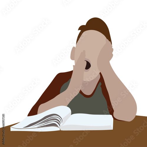 Young man yawning and sleepy while reading a book at a wooden table. Vector illustration isolated on white background. Suitable for advertising and promotion.