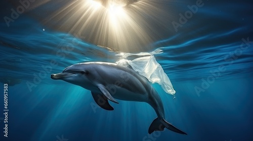 dolphin and plastic bags in Ocean, worldwide ocean pollution © zayatssv