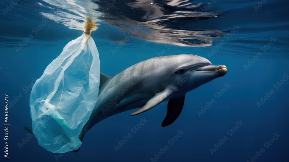 Naklejka premium dolphin and plastic bags in Ocean, worldwide ocean pollution