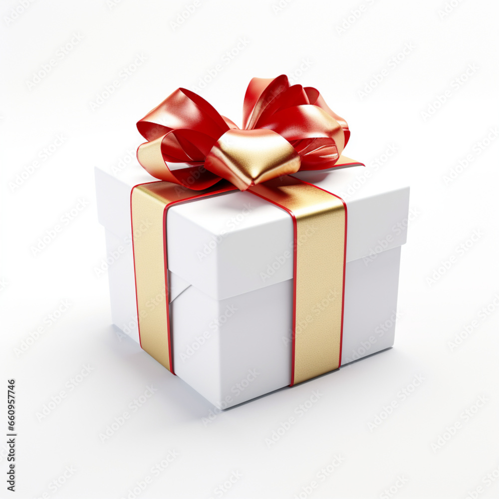 Obraz premium white gift box with gold red ribbon