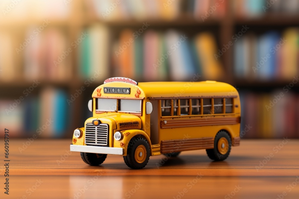 A tiny school bus model placed on a wooden surface, representing learning and travel