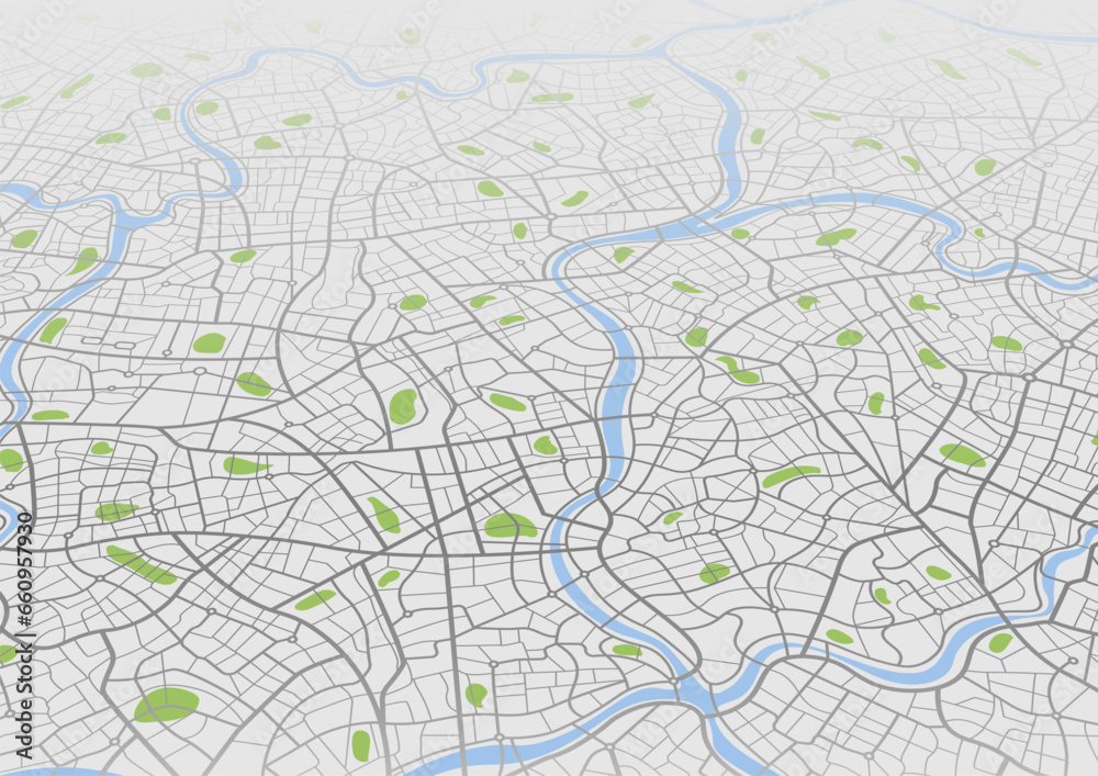 Isometric navigate mapping technology for distance data, path turns. Abstract map with unique lines, geometric patterns background. City top view. Streets, blocks, route for movement on the streets.