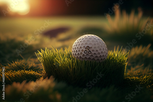 Colorful of White Golf ball on Green field golf course in morning time with soft sunlight.