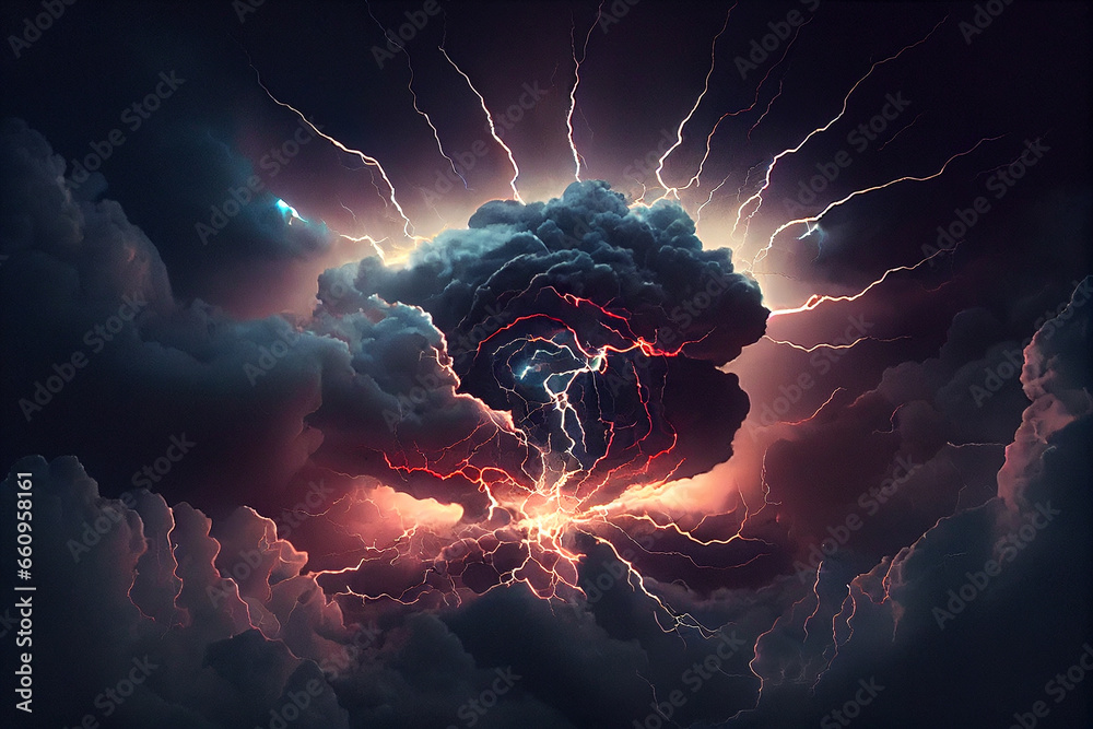 stormy sky with dark clouds, lightning flashes over the night sky ...