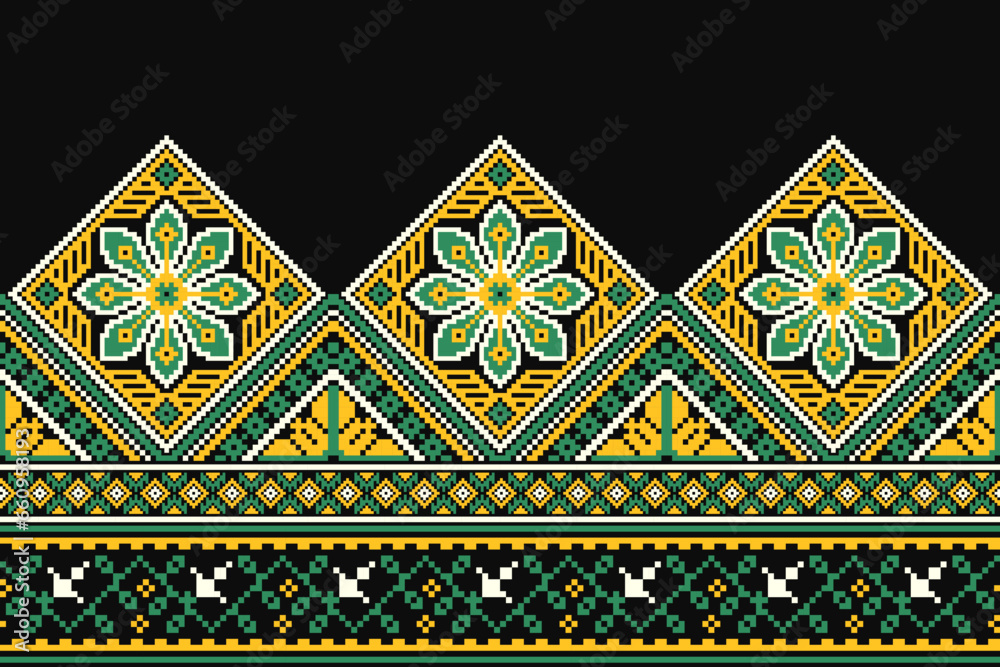 flower embroidery on black background. ikat and cross stitch geometric seamless pattern ethnic oriental traditional. Aztec style illustration design for carpet, wallpaper, clothing, wrapping, batik.