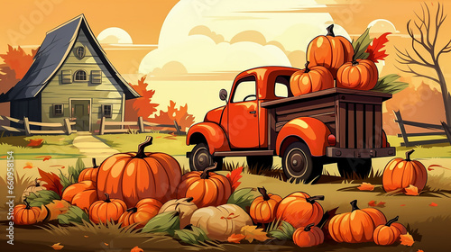 Autumn. Harvesting pumpkins. Farmer truck loaded with pumpkin. Rural landscape. Cartoon style. Close-up. Copy space.