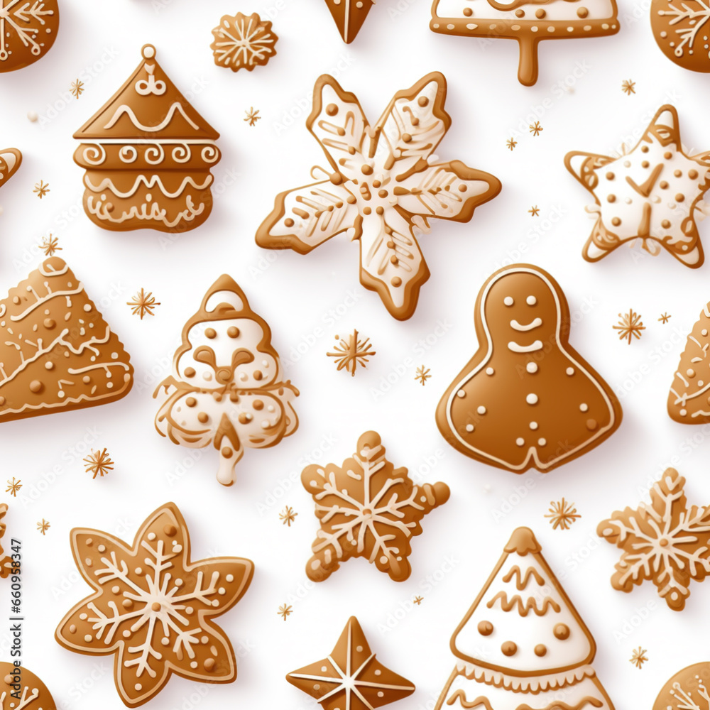 Christmas seamless pattern, gingerbread golden items repeated on white background