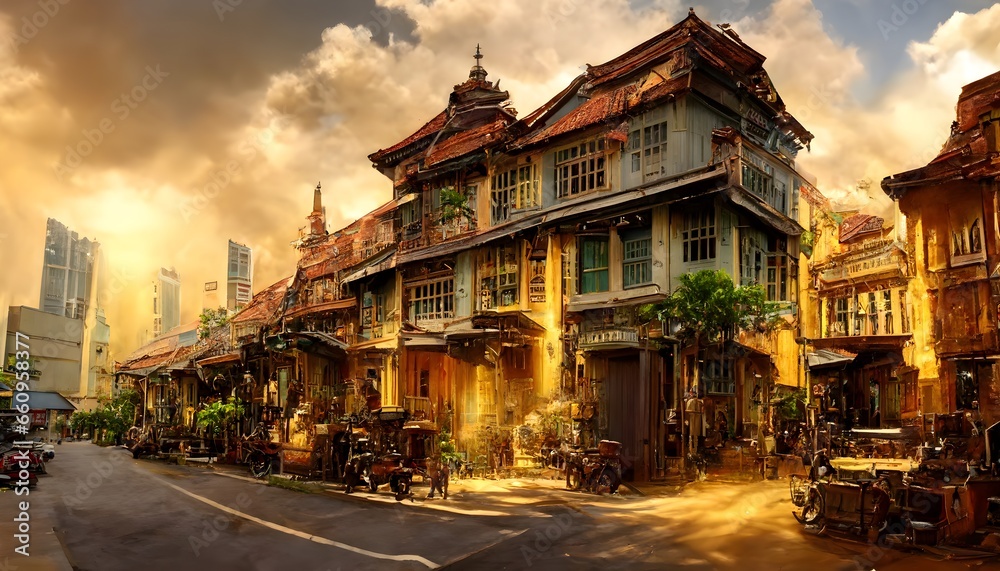 steampunk fantasy southeast asian malaysia singapore old town street view houses architecture sunny day cinematic lighting 