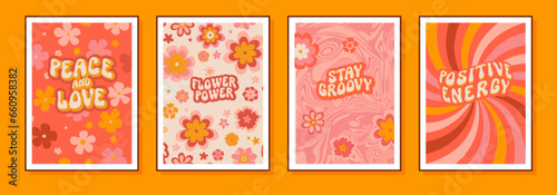 Vector groovy flower poster set. Abstract psychedelic 70s floral illustration wall art. Spring summer daisy vintage framed art print collection. 60s style Peace and Love, Flower Power, Stay Groovy
