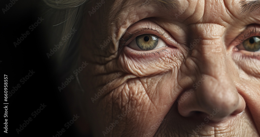 Close-up wrinkles of a senior woman. Facial treatments. Anti-aging program, concept. Removal of wrinkles, age-related changes.  Portrait of a beautiful natural old woman with wrinkles copy space
