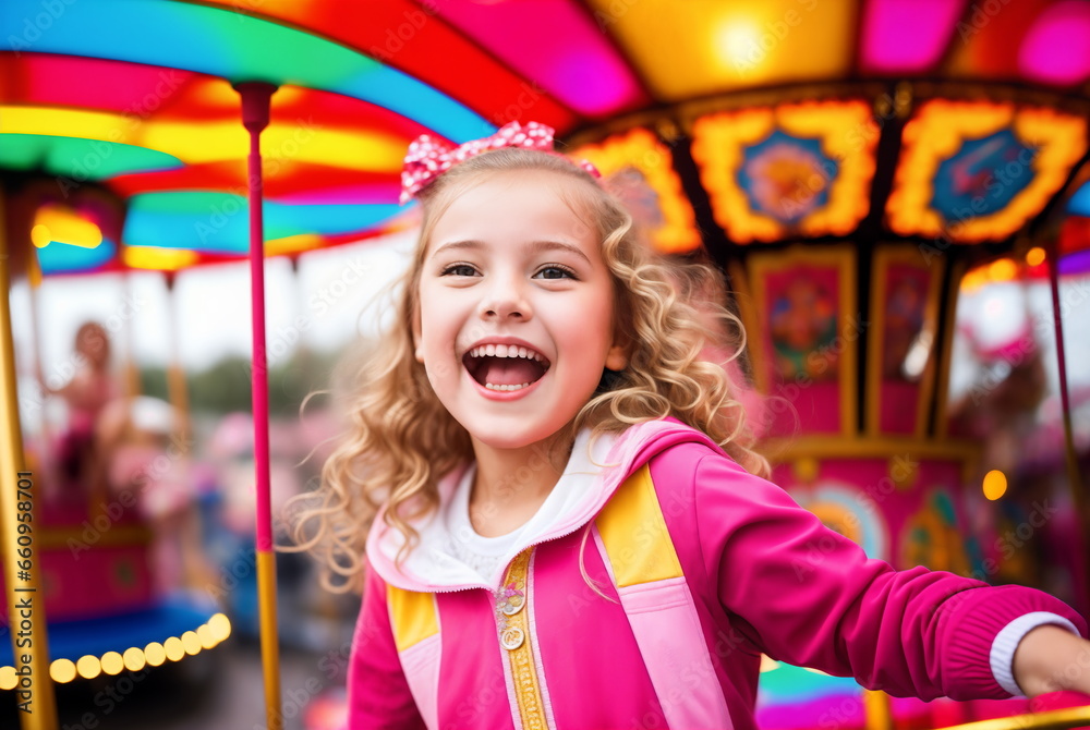 A joyful young girl radiates enthusiasm as she enjoys herself on a vibrant carousel or merry-go-round at an amusement park A joyful young girl radiates enthusiasm as she enjoys herself on a vibrant carousel or merry-go-round at an amusement park