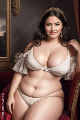 Beauty curve plus size fat woman in a white underwear lingerie in studio shot.Long dark hair.Digital creative designer fashion art.