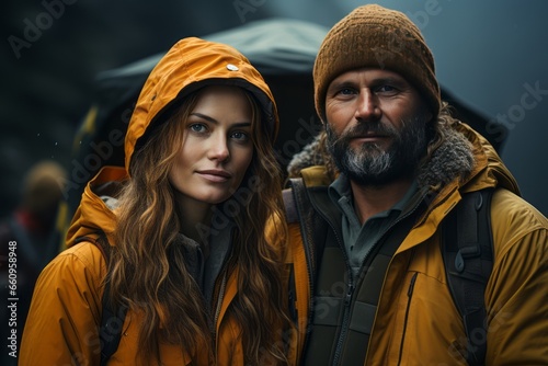 European couple in the mountains against the backdrop of a tent camp, a beautiful couple 35-45 years old in stylish equipment for hiking in the mountains, tourism and vacation concept