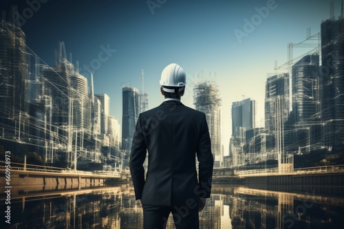 Architectural business Suited businessman with a helmet against cityscape backdrop