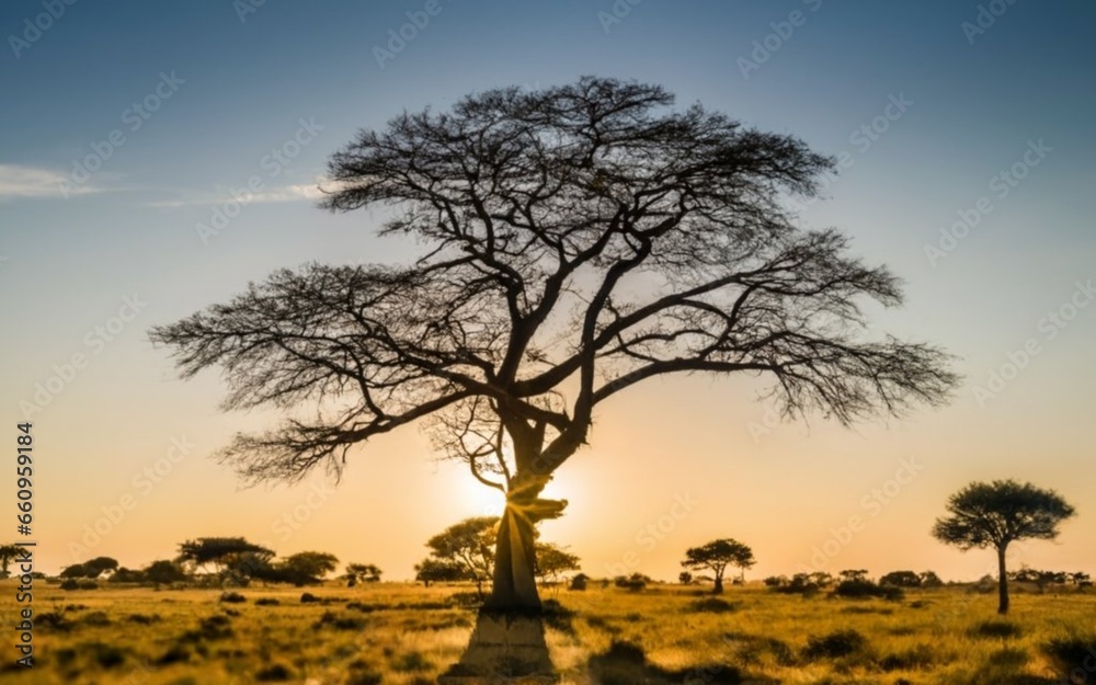 Beautiful shot of a tree in the savanna plains with the blue sky ai generated