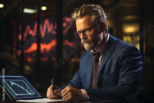 Businessman working on global graph background. Social networking concept.