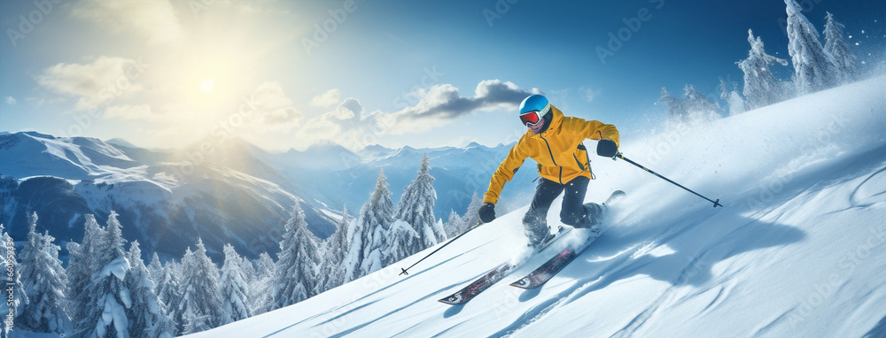 Man trek active sport hiker snow mountaineering winter nature snowboard travel landscape - obrazy, fototapety, plakaty 