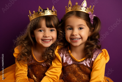 studio portrait of two little girls in princess Halloween costume, orange and purple colors, candid