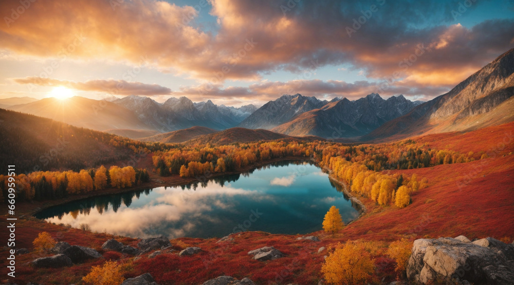  Mountain Lake Panorama, Autumn panorama of a mountain lake, Majestic Mountains in Autumn Panoramic Lake View
