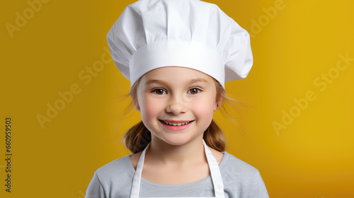 Little girl in a chef costume on isolated yellow background.