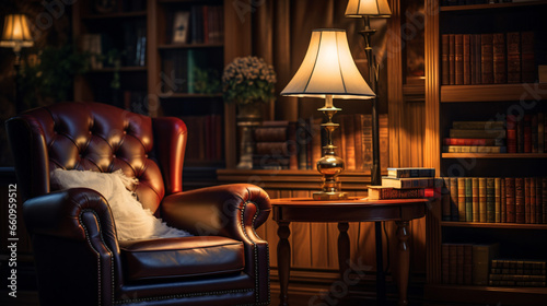 A chair in a room with a bookcase