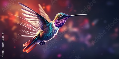 Vibrant Hummingbird in Colorful Wildlife Beauty with Artistic Feathers A colorful hummingbird with a colorful background. AI Generative